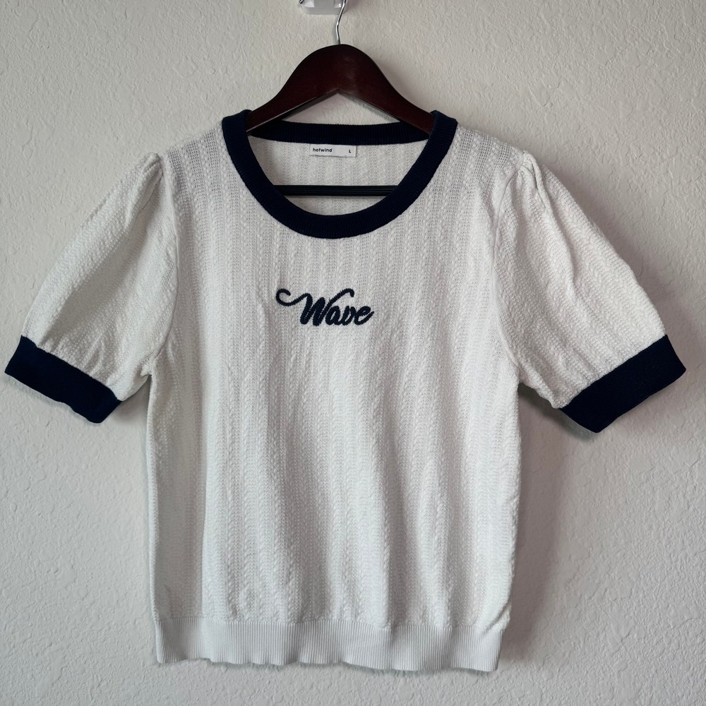 hotwind Womens‎ White Navy Blue Wave Embroidered Cotton Cable Knit Ringer Top L